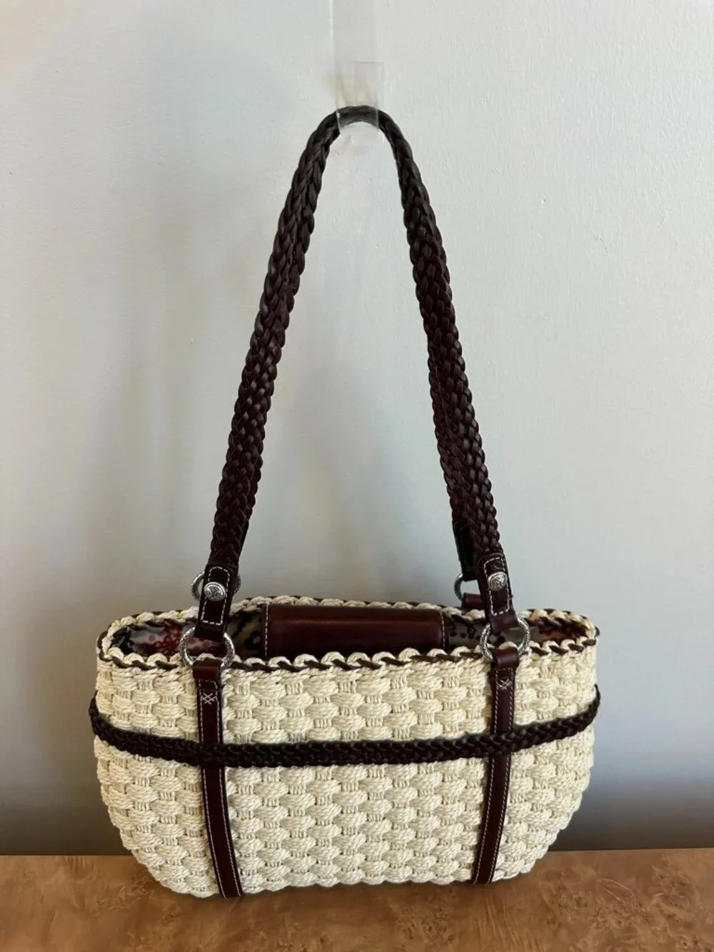 Brighton Peggy Straw Leather Tote Woven Basket Floral Trim Charm Bag - Picture 5 of 10